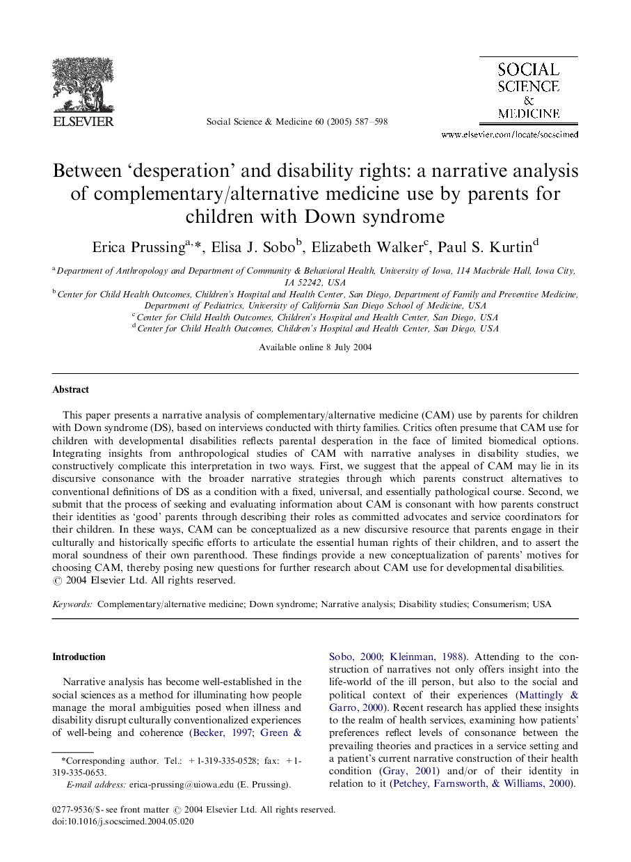 Between 'desperation' and disability rights: a narrative analysis of complementary/alternative medicine use by parents for children with Down syndrome