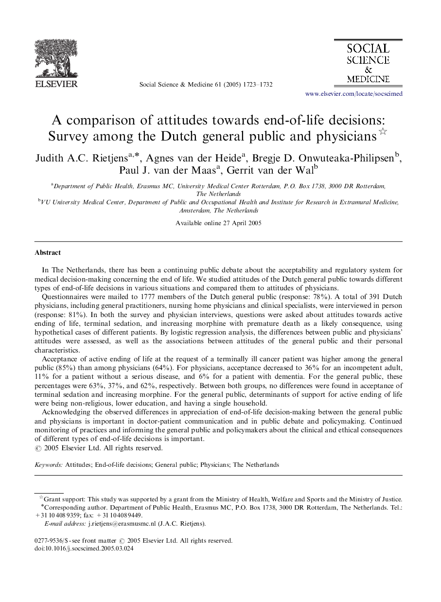 A comparison of attitudes towards end-of-life decisions: Survey among the Dutch general public and physicians