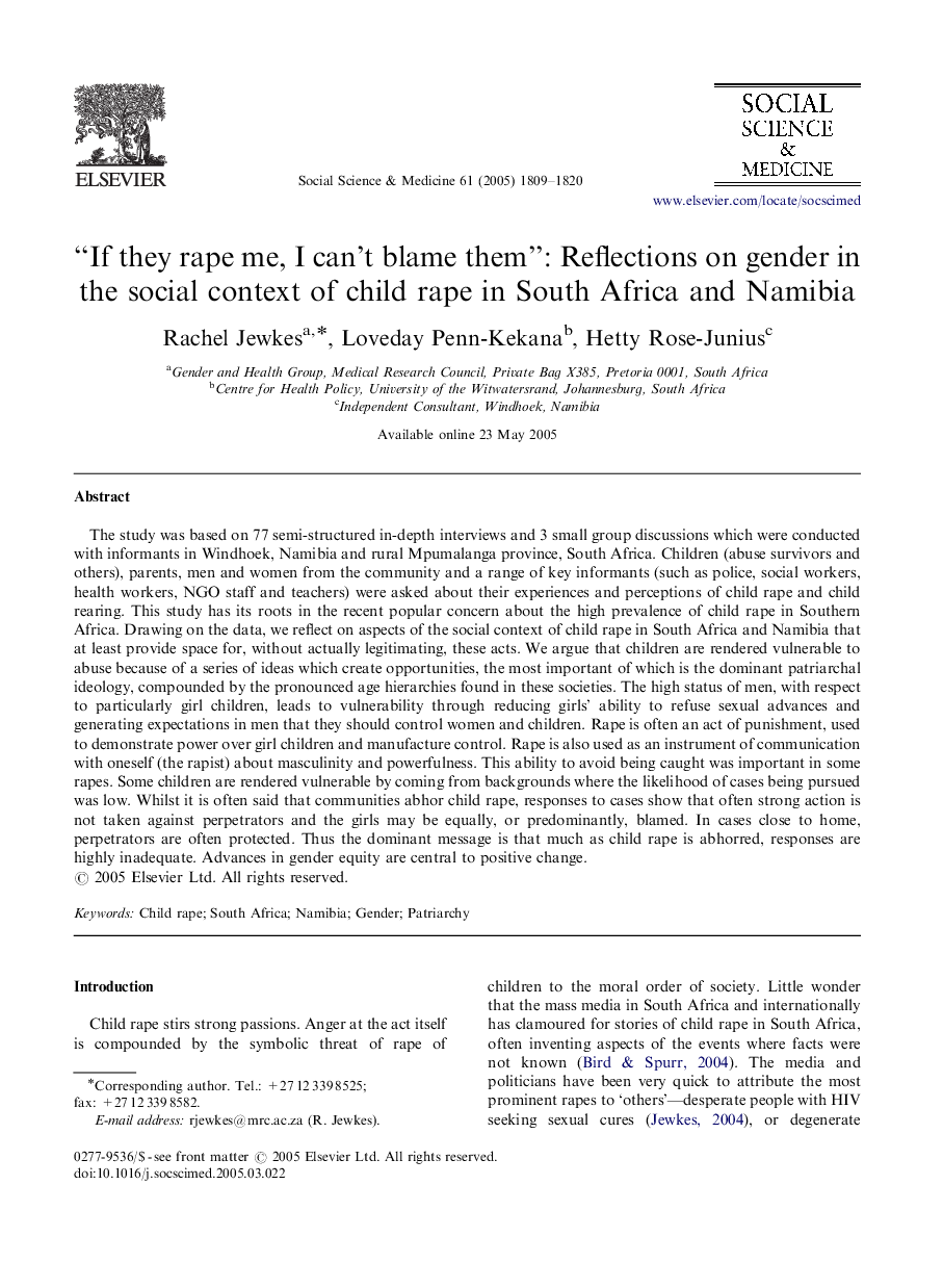 ''If they rape me, I can't blame them”: Reflections on gender in the social context of child rape in South Africa and Namibia