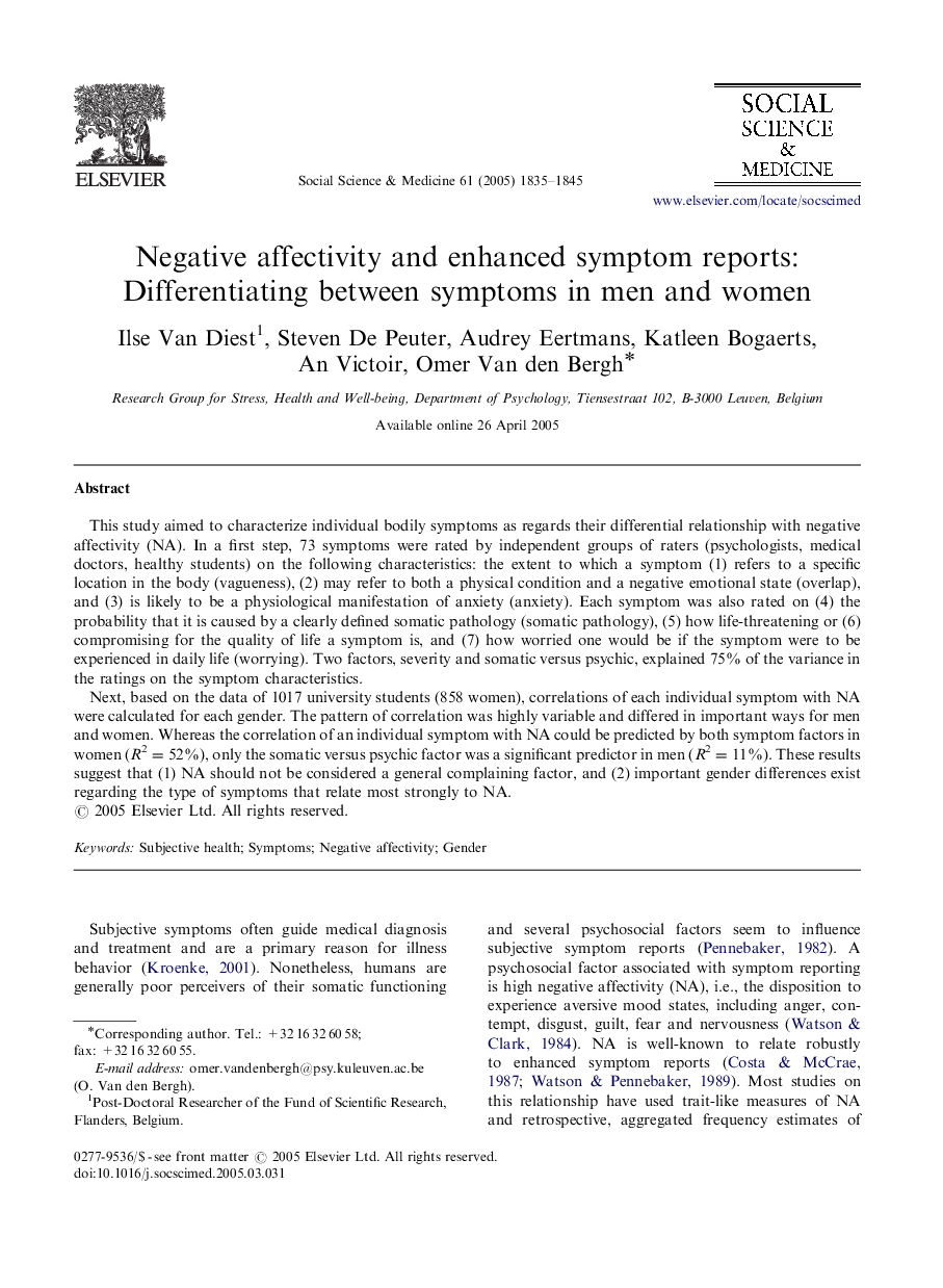 Negative affectivity and enhanced symptom reports: Differentiating between symptoms in men and women