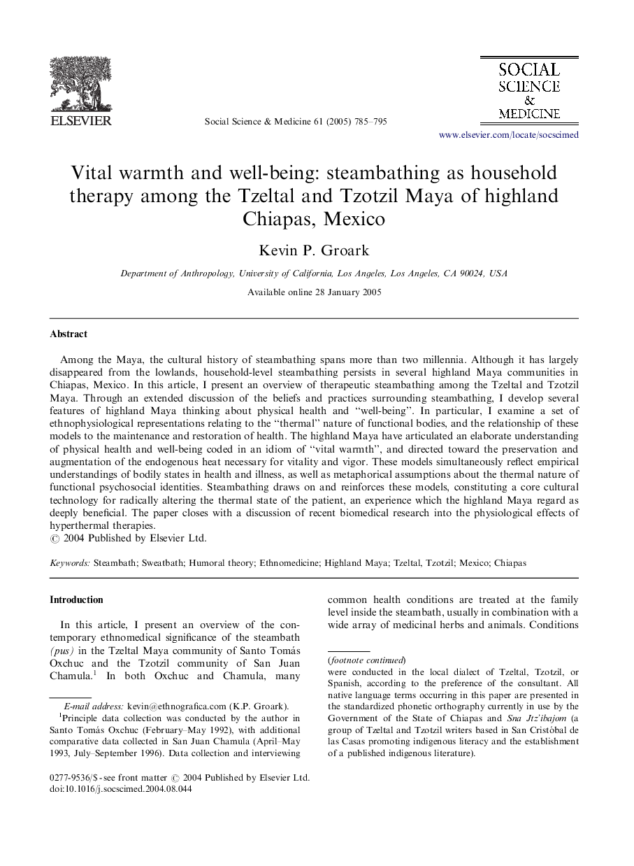 Vital warmth and well-being: steambathing as household therapy among the Tzeltal and Tzotzil Maya of highland Chiapas, Mexico