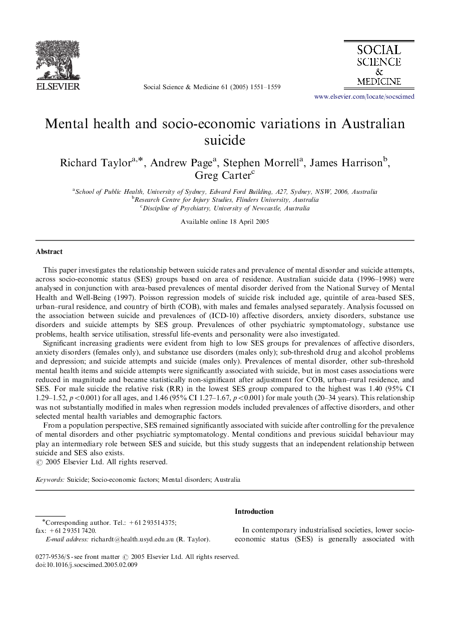 Mental health and socio-economic variations in Australian suicide