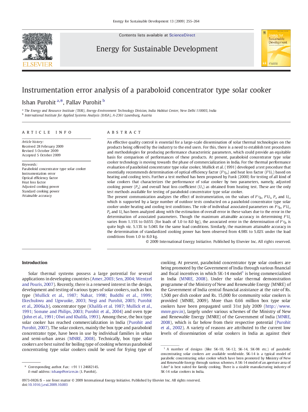 Instrumentation error analysis of a paraboloid concentrator type solar cooker