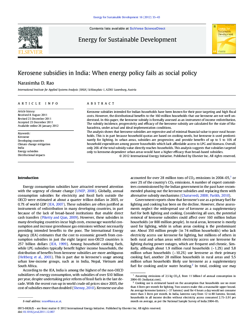 Kerosene subsidies in India: When energy policy fails as social policy