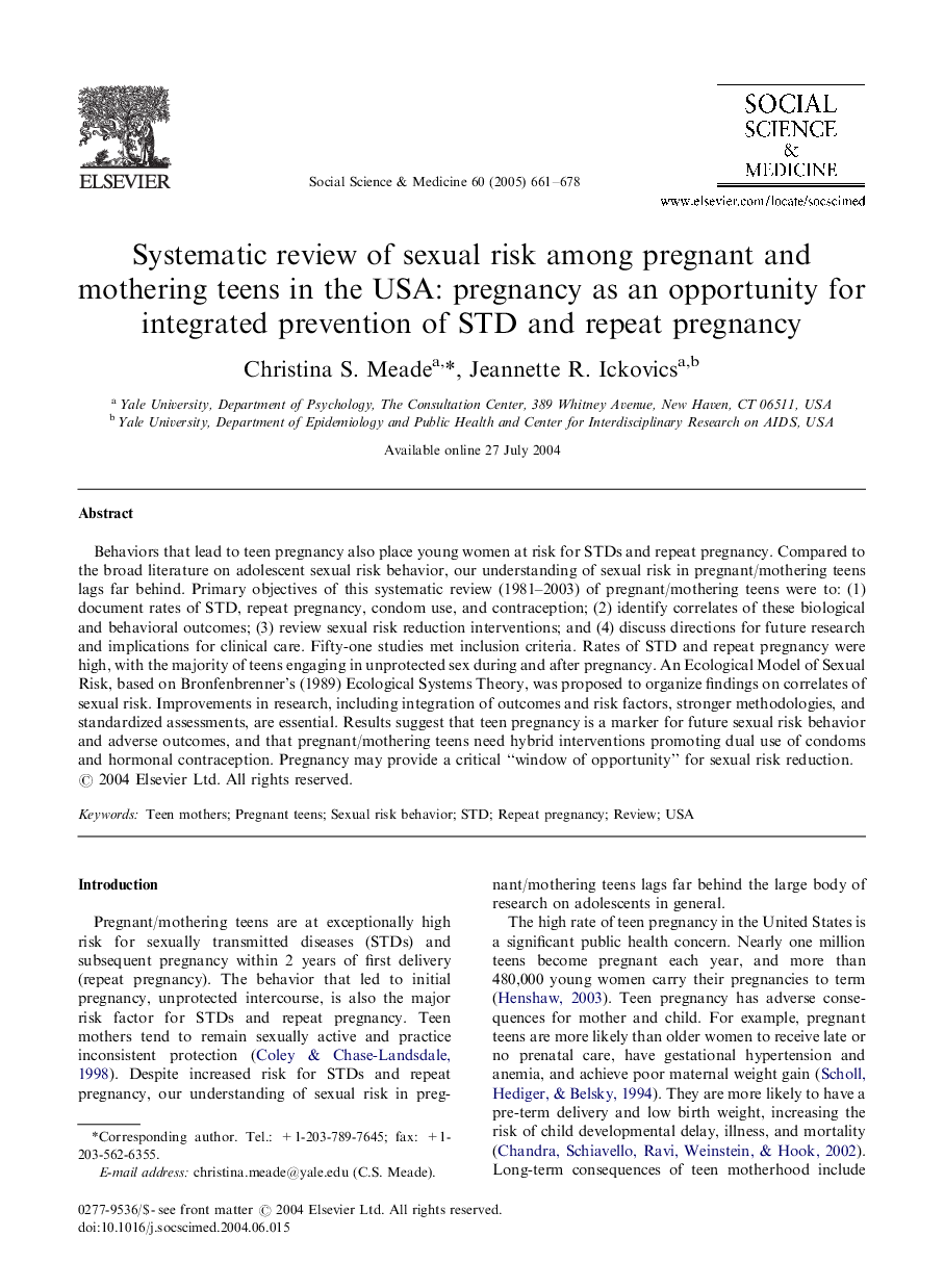 Systematic review of sexual risk among pregnant and mothering teens in the USA: pregnancy as an opportunity for integrated prevention of STD and repeat pregnancy