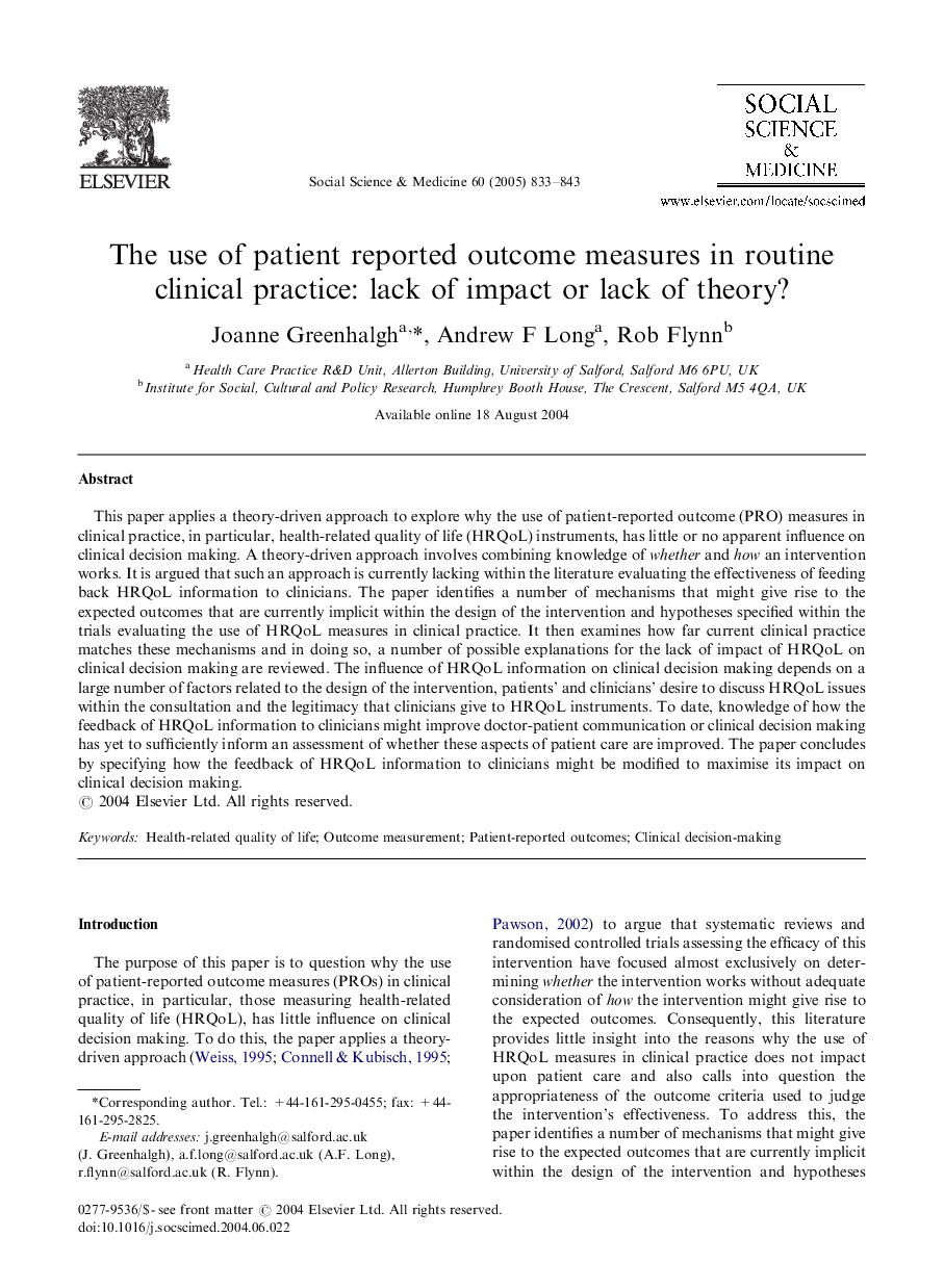 The use of patient reported outcome measures in routine clinical practice: lack of impact or lack of theory?