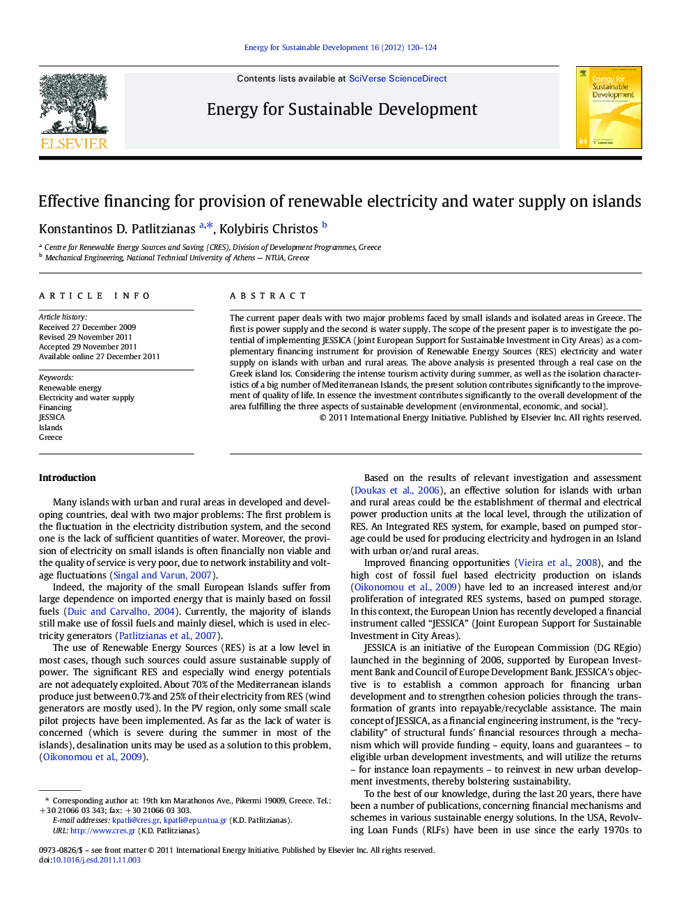 Effective financing for provision of renewable electricity and water supply on islands