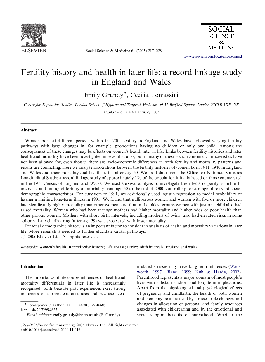 Fertility history and health in later life: a record linkage study in England and Wales