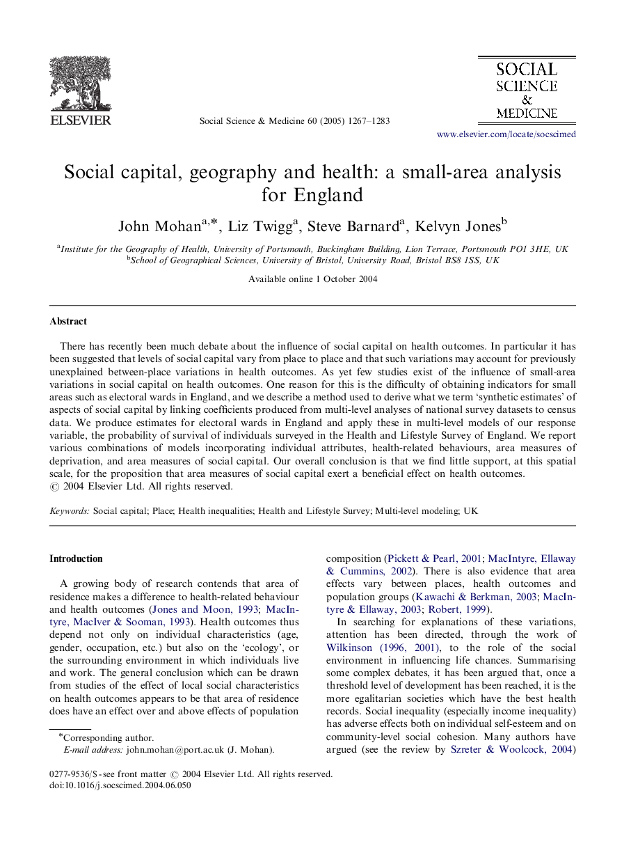 Social capital, geography and health: a small-area analysis for England