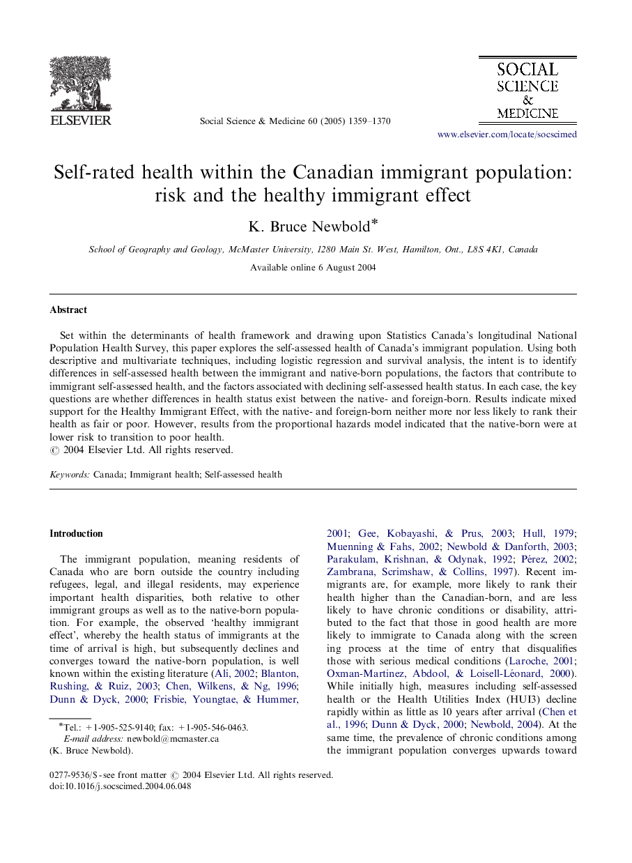 Self-rated health within the Canadian immigrant population: risk and the healthy immigrant effect