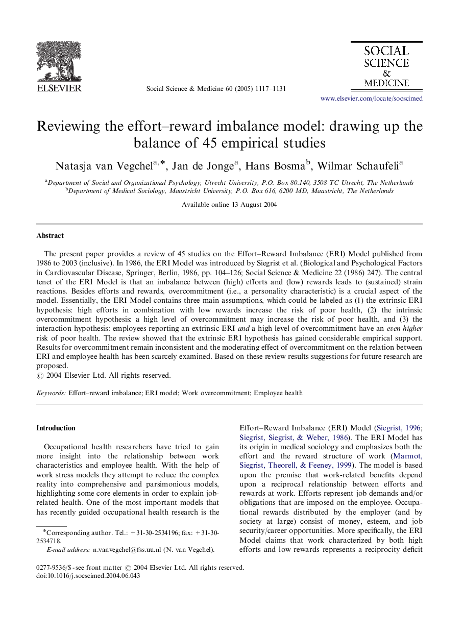 Reviewing the effort-reward imbalance model: drawing up the balance of 45 empirical studies