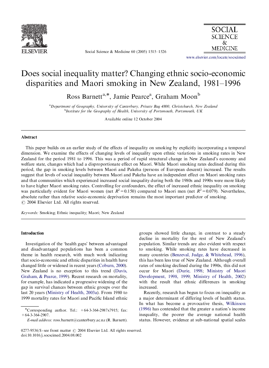 Does social inequality matter? Changing ethnic socio-economic disparities and Maori smoking in New Zealand, 1981-1996