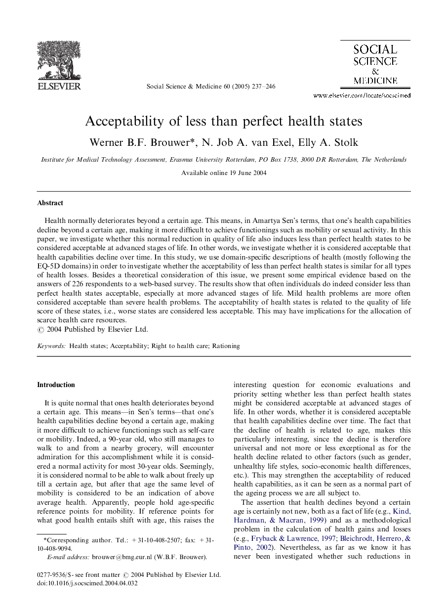 Acceptability of less than perfect health states