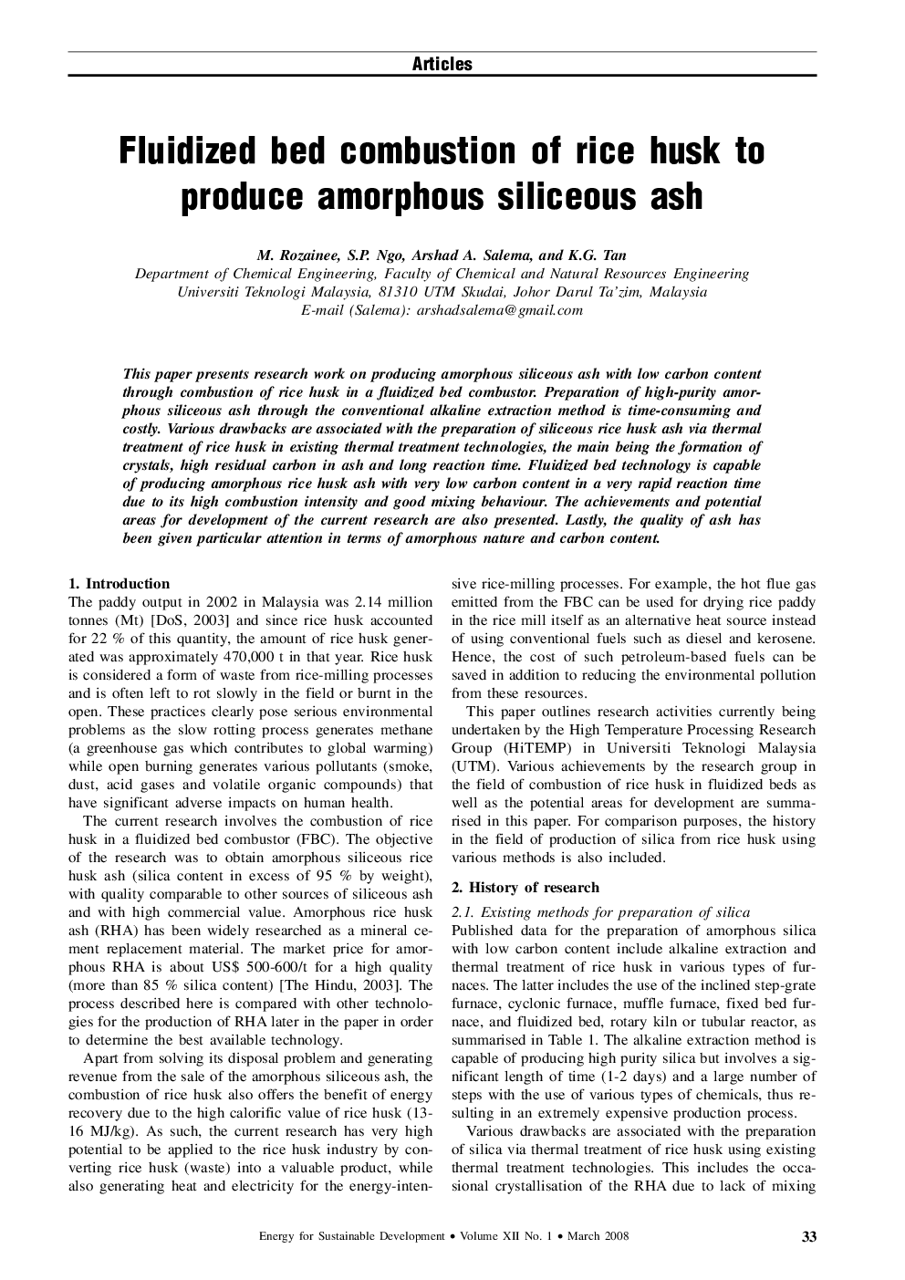 Fluidized bed combustion of rice husk to produce amorphous siliceous ash