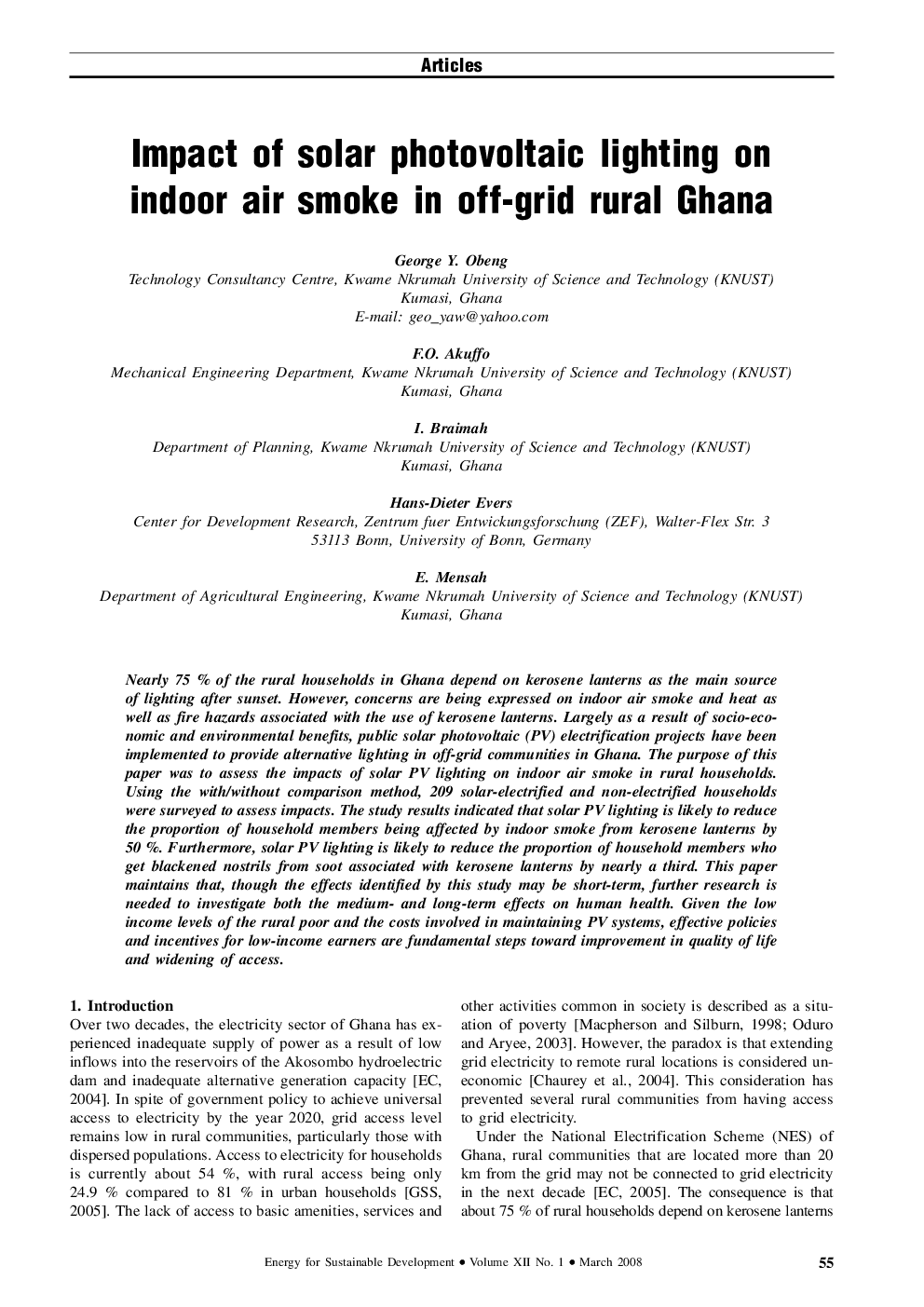 عکس صفحه اول مقاله: Impact of solar photovoltaic lighting on indoor air smoke in off-grid rural Ghana Impact of solar photovoltaic lighting on indoor air smoke in off-grid rural Ghana