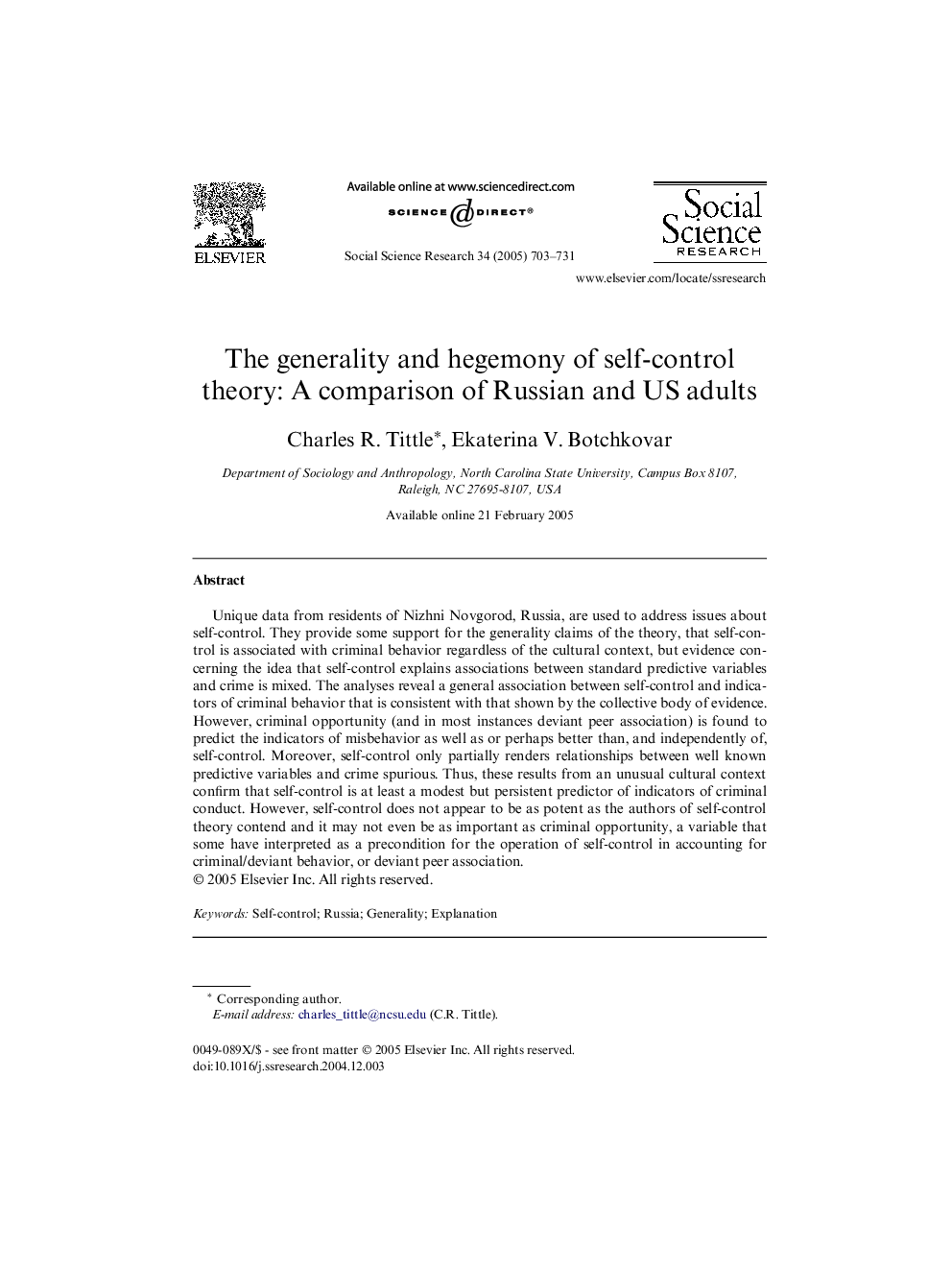 The generality and hegemony of self-control theory: A comparison of Russian and US adults