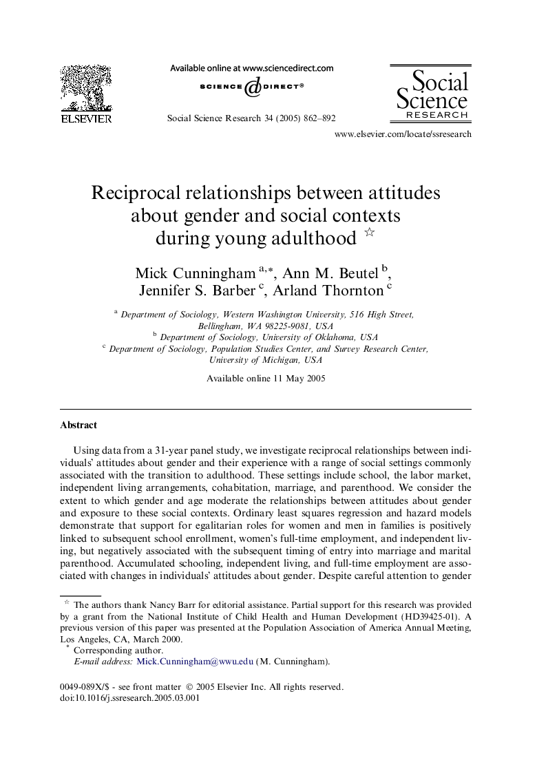 Reciprocal relationships between attitudes about gender and social contexts during young adulthood