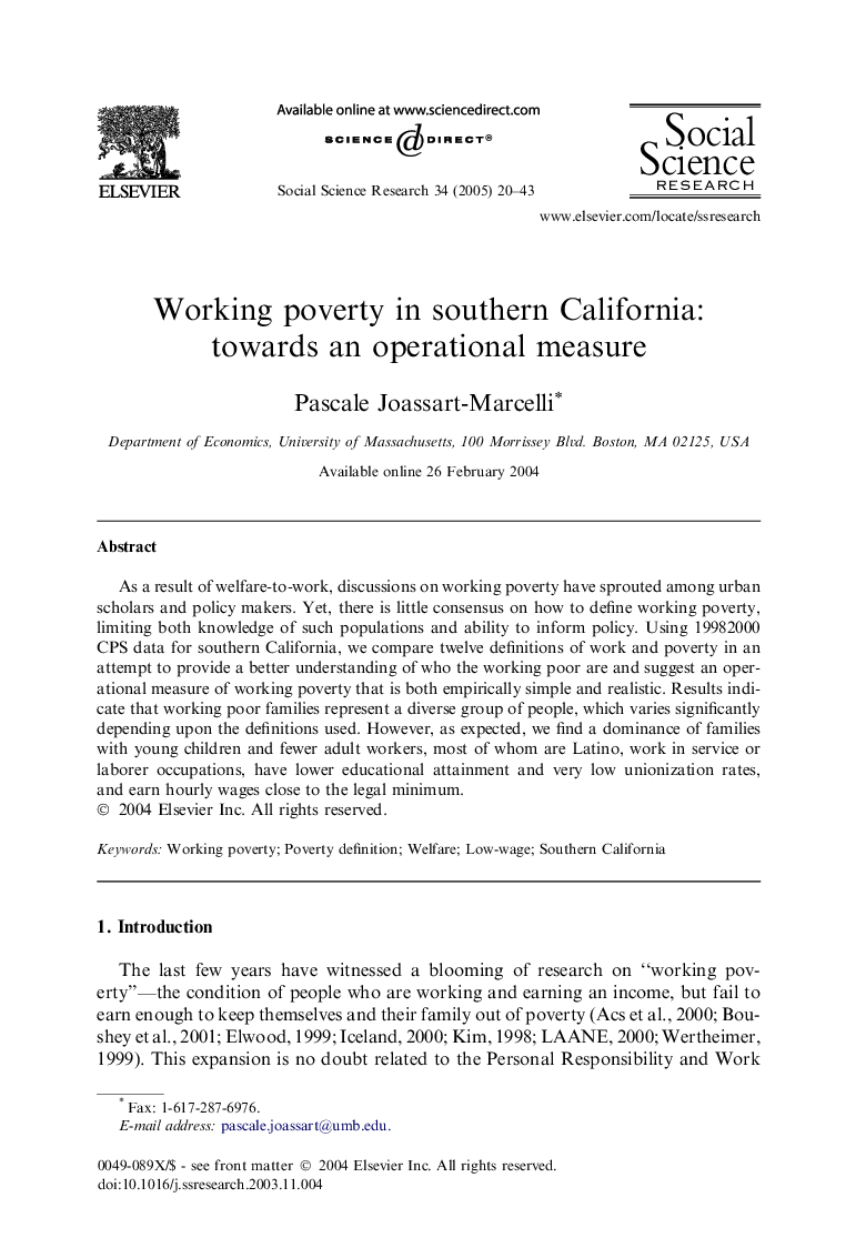 Working poverty in southern California: towards an operational measure