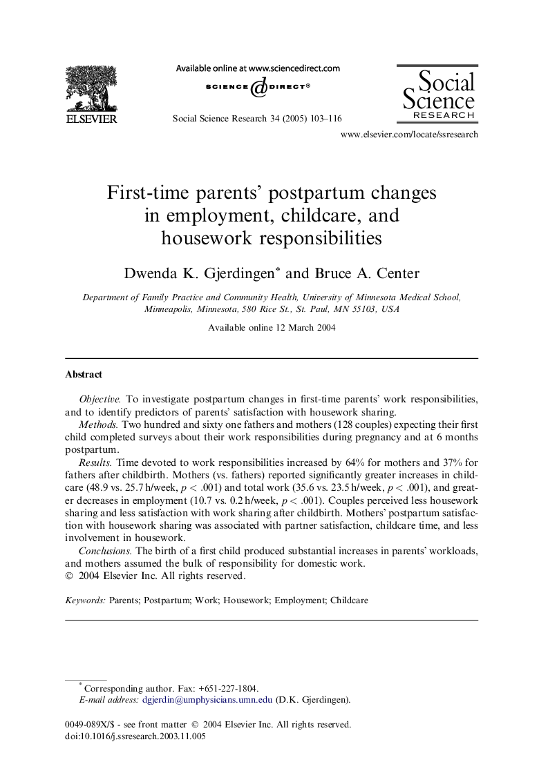 First-time parents' postpartum changes in employment, childcare, and housework responsibilities