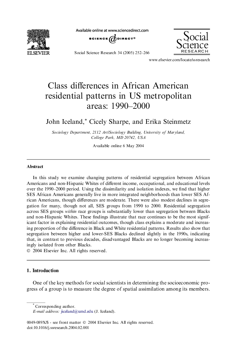 Class differences in African American residential patterns in US metropolitan areas: 1990-2000