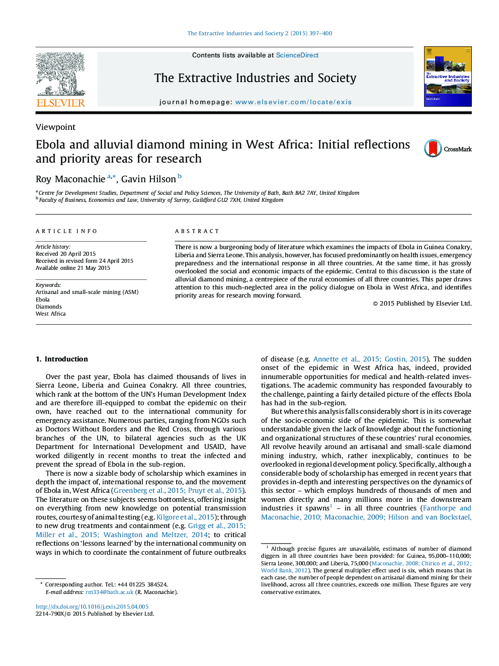 Ebola and alluvial diamond mining in West Africa: Initial reflections and priority areas for research