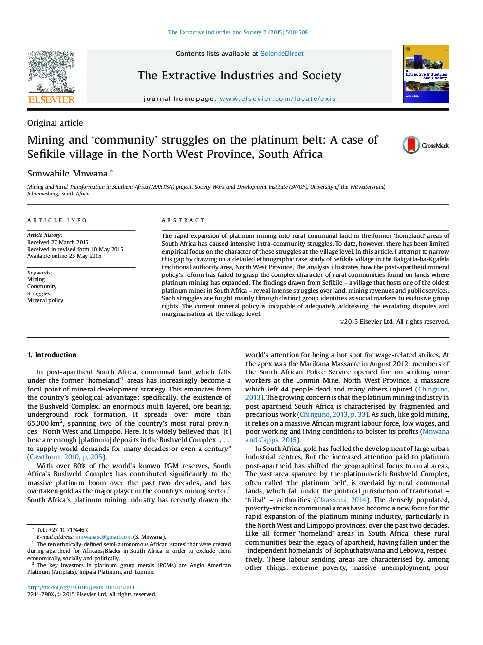 Mining and ‘community’ struggles on the platinum belt: A case of Sefikile village in the North West Province, South Africa