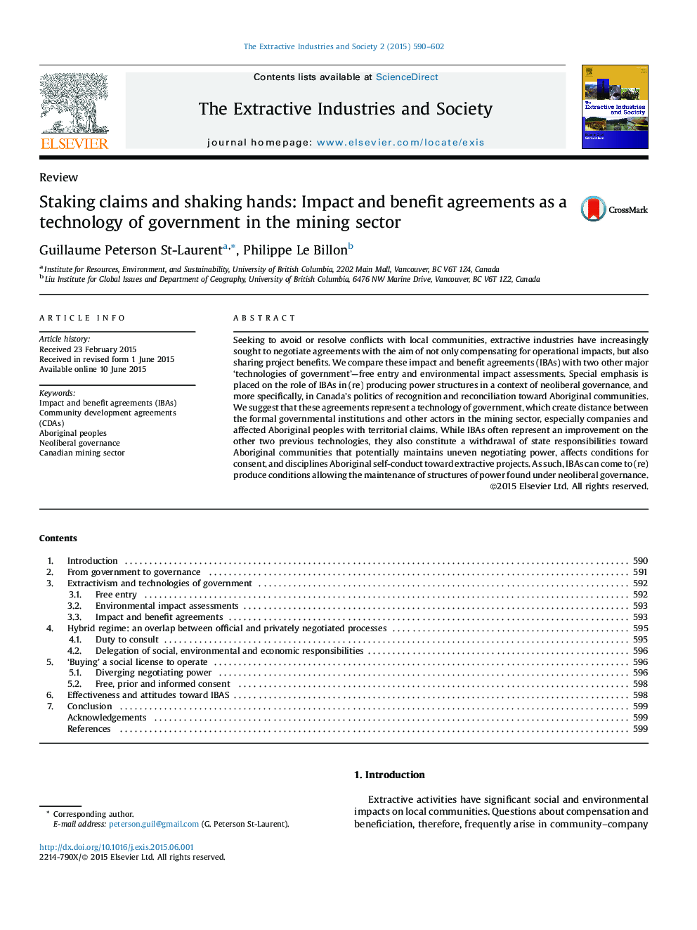 Staking claims and shaking hands: Impact and benefit agreements as a technology of government in the mining sector