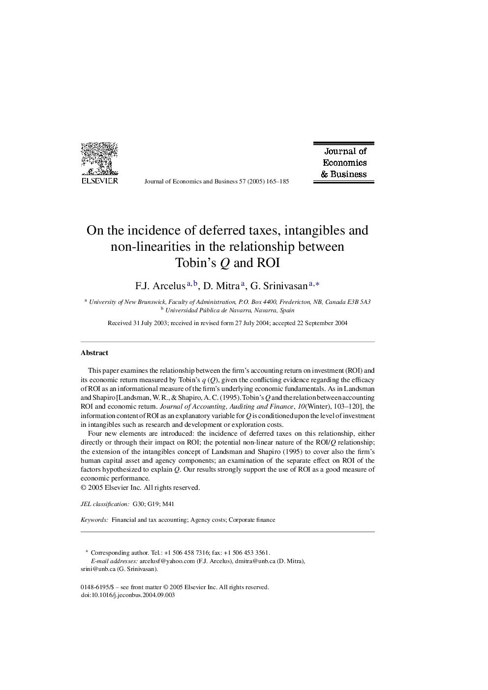 On the incidence of deferred taxes, intangibles and non-linearities in the relationship between Tobin's Q and ROI