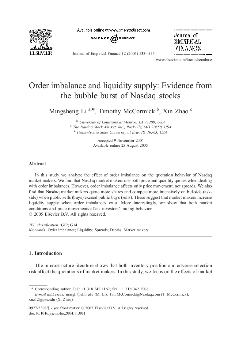 Order imbalance and liquidity supply: Evidence from the bubble burst of Nasdaq stocks