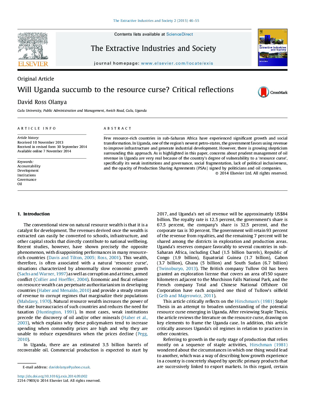 Will Uganda succumb to the resource curse? Critical reflections