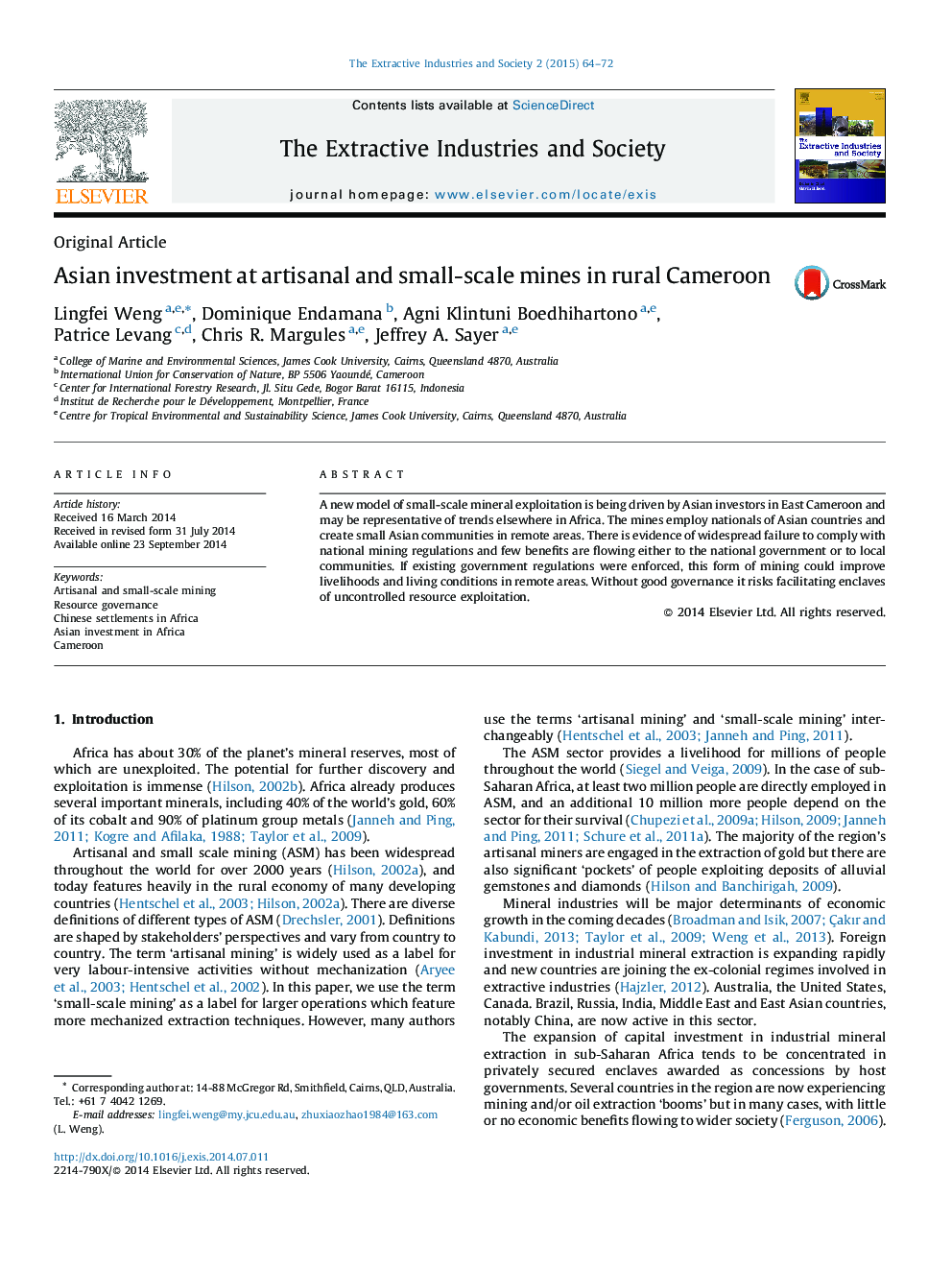 Asian investment at artisanal and small-scale mines in rural Cameroon