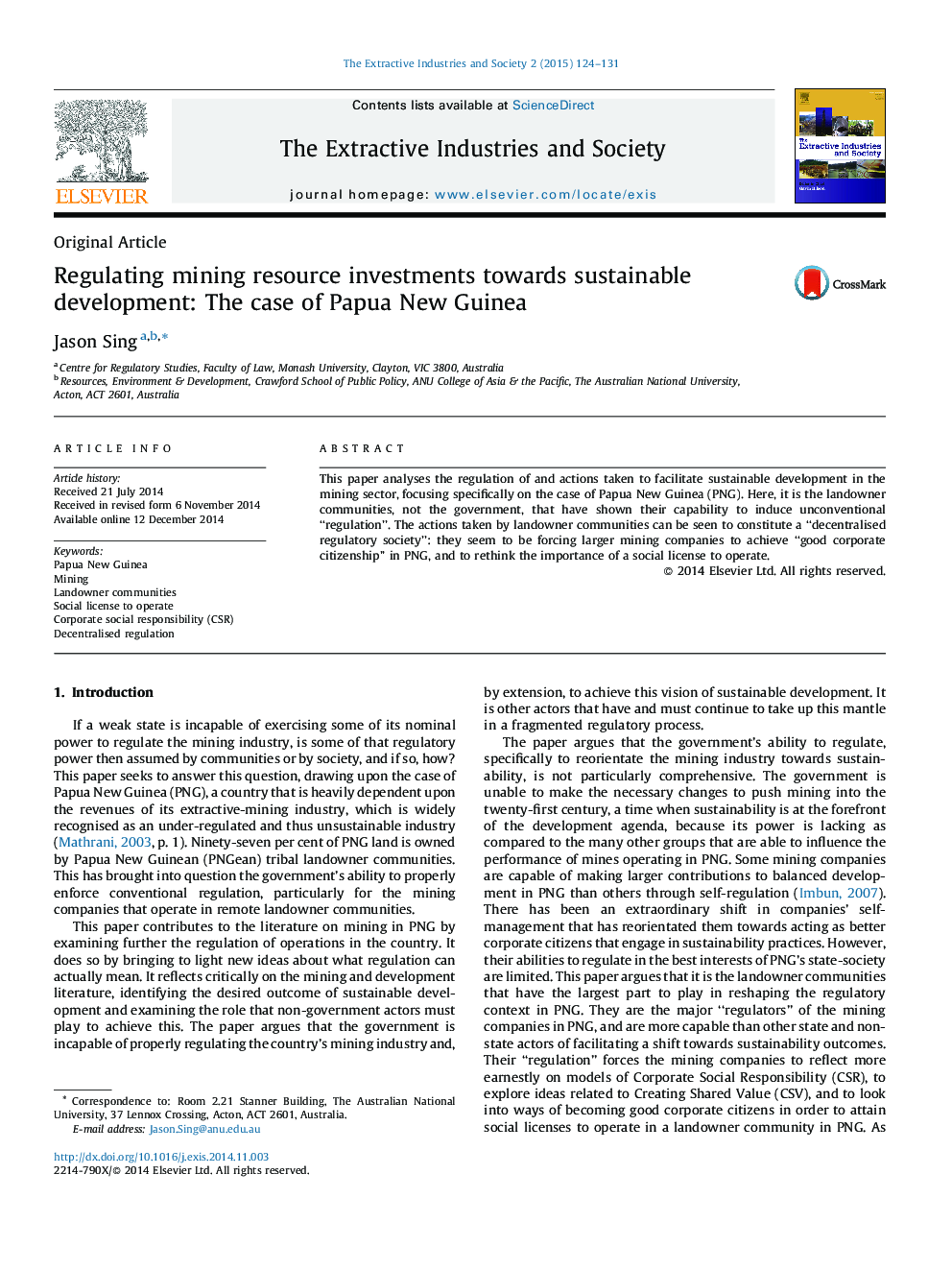 Regulating mining resource investments towards sustainable development: The case of Papua New Guinea