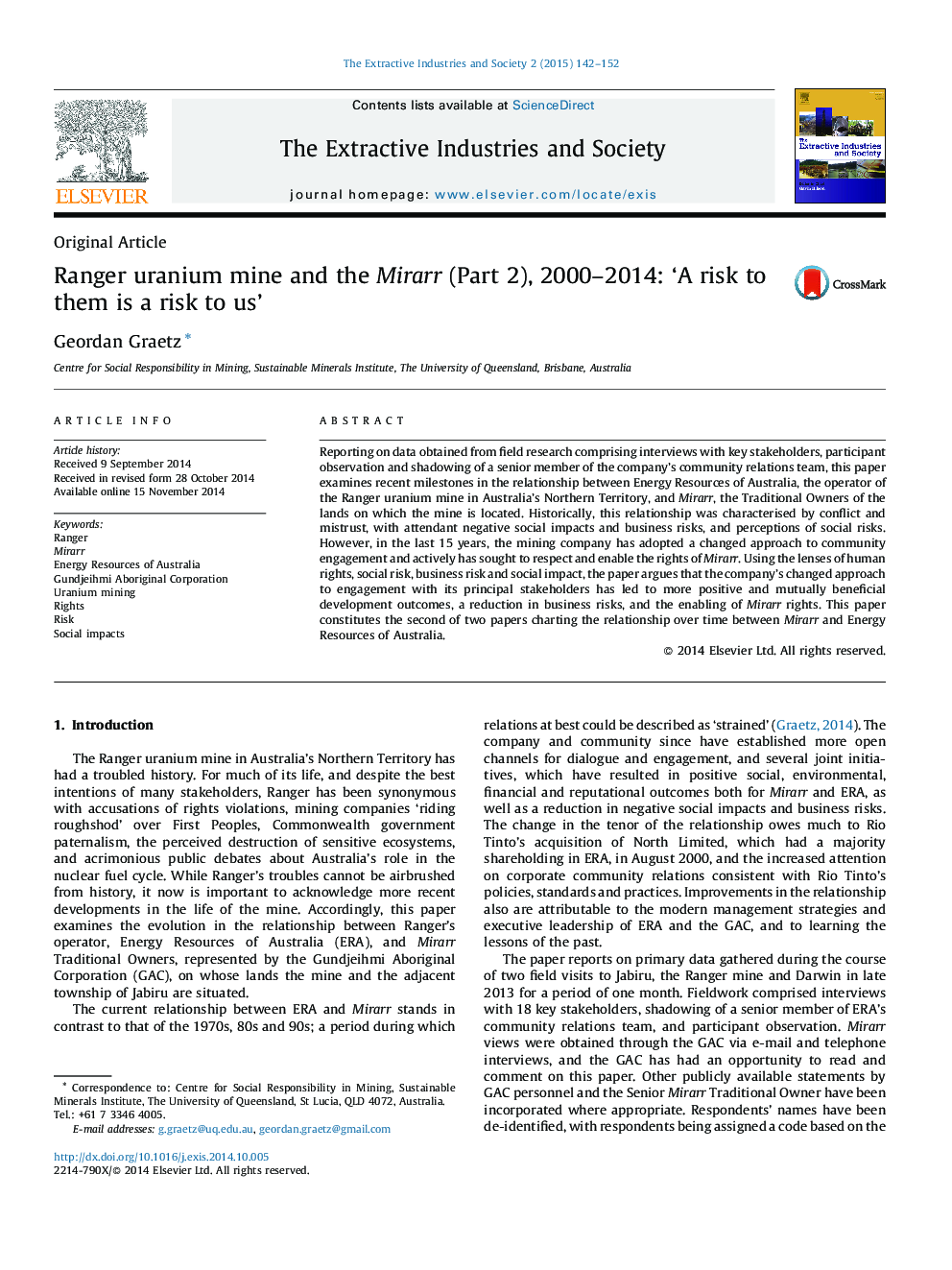 Ranger uranium mine and the Mirarr (Part 2), 2000–2014: ‘A risk to them is a risk to us’