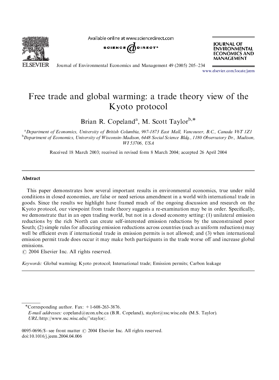 Free trade and global warming: a trade theory view of the Kyoto protocol