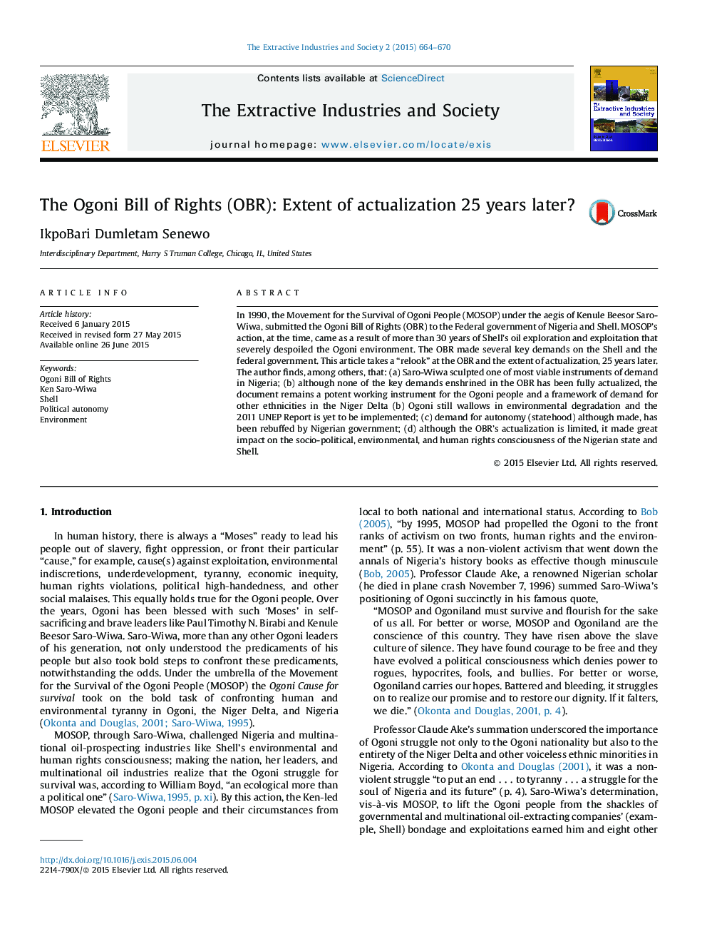 The Ogoni Bill of Rights (OBR): Extent of actualization 25 years later?