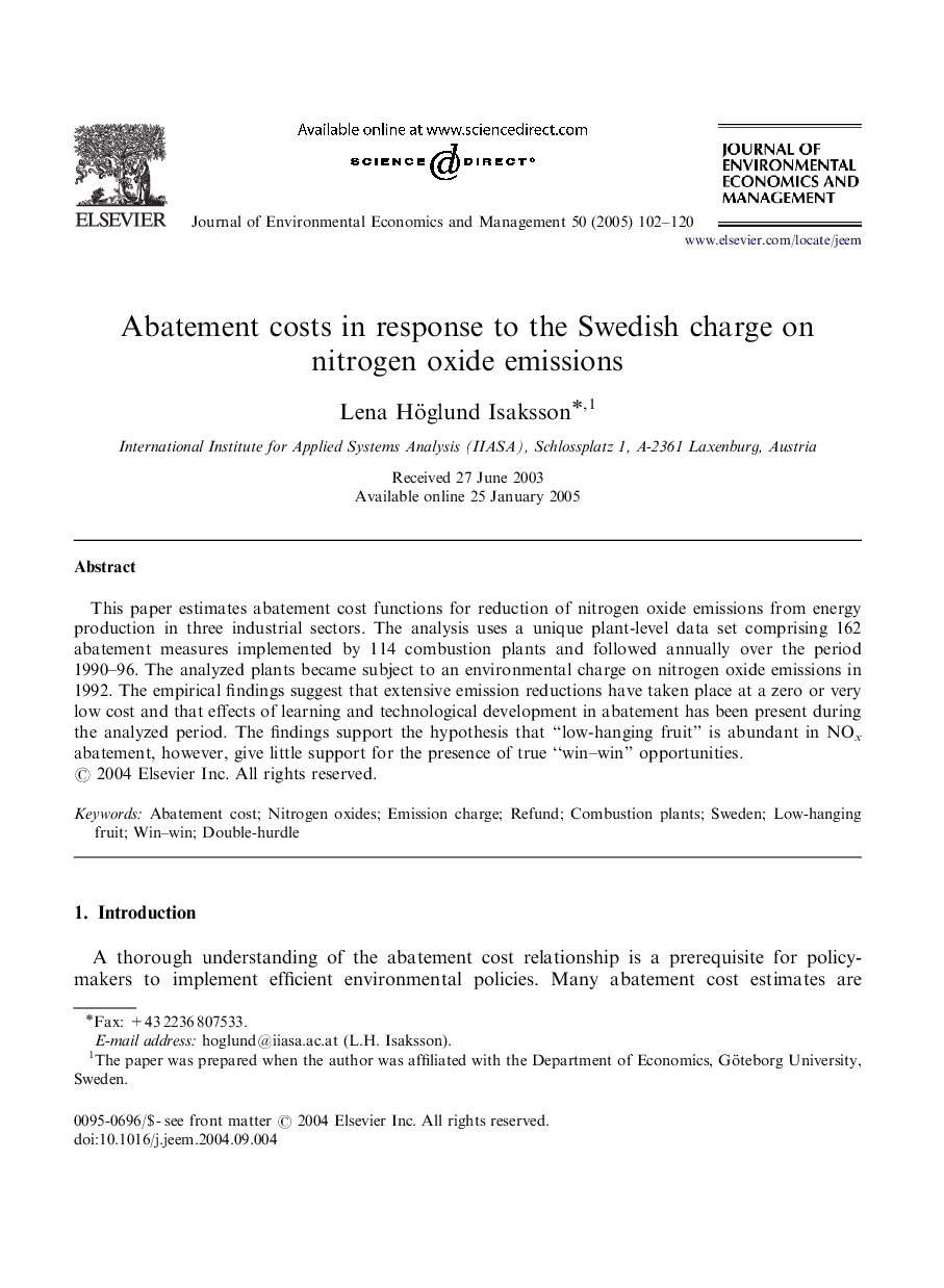 Abatement costs in response to the Swedish charge on nitrogen oxide emissions