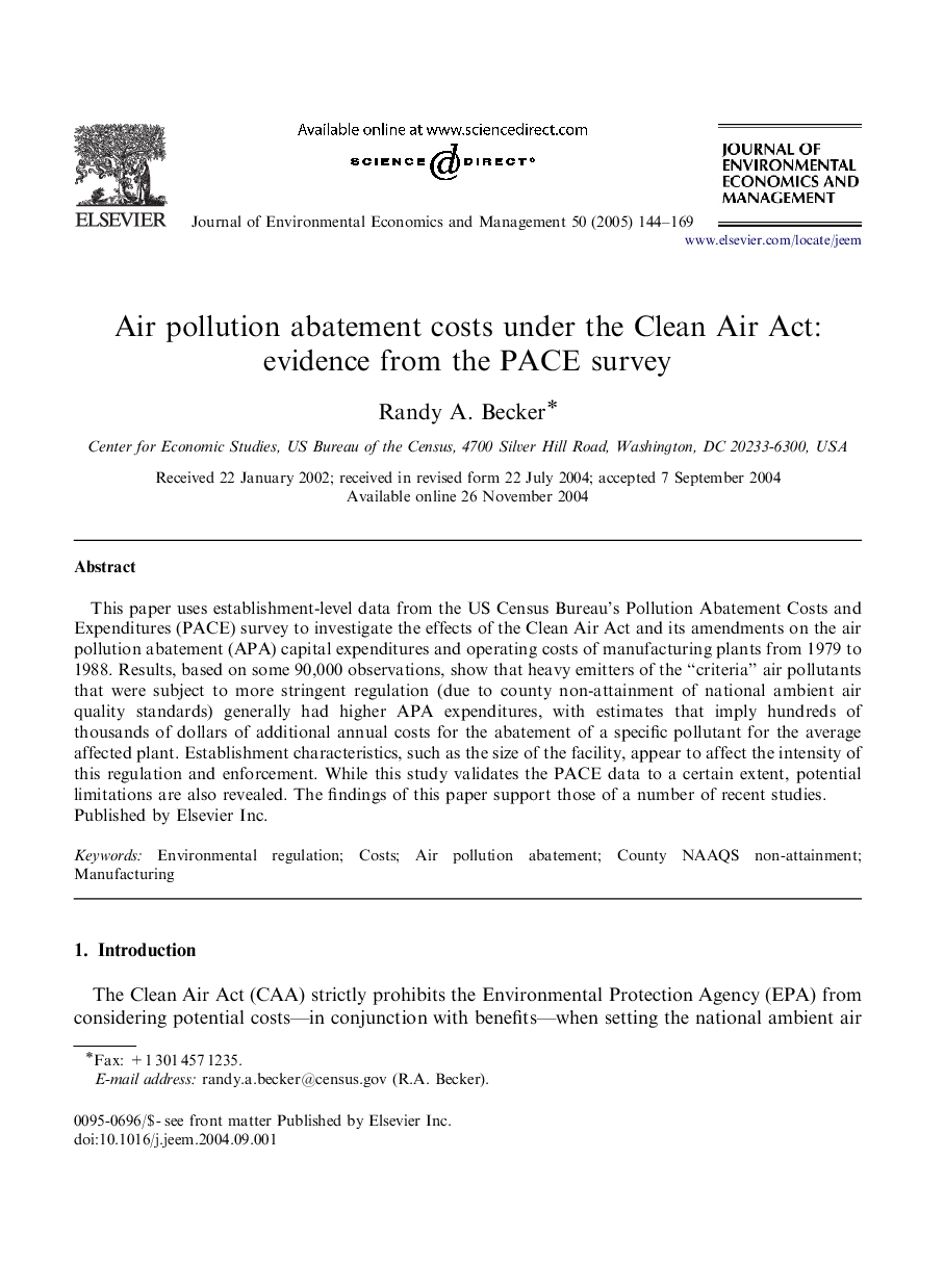 Air pollution abatement costs under the Clean Air Act: evidence from the PACE survey