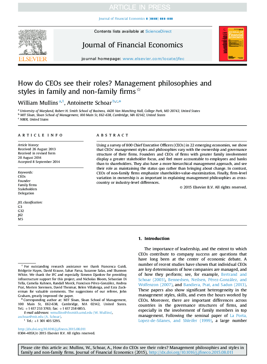 How do CEOs see their roles? Management philosophies and styles in family and non-family firms