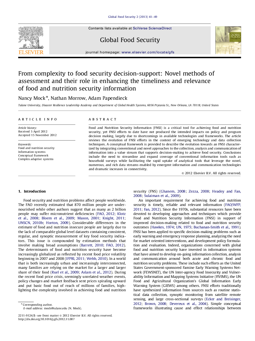 From complexity to food security decision-support: Novel methods of assessment and their role in enhancing the timeliness and relevance of food and nutrition security information