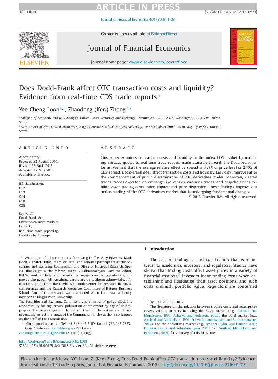 Does Dodd-Frank affect OTC transaction costs and liquidity? Evidence from real-time CDS trade reports