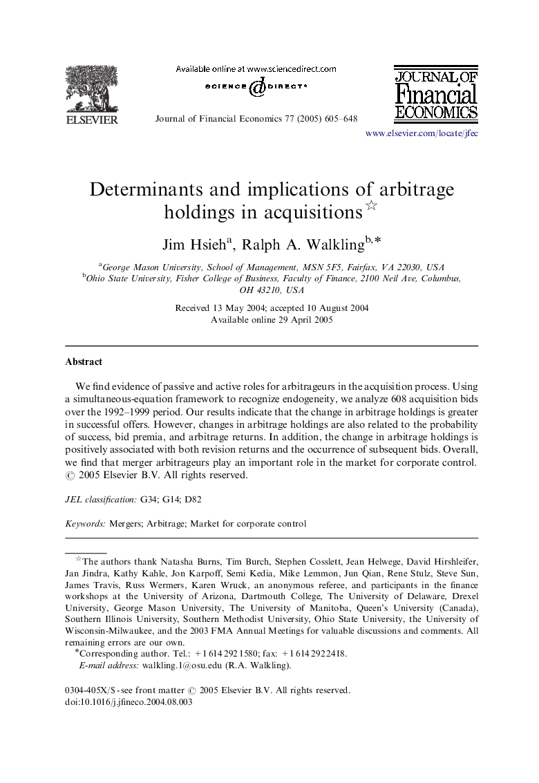 Determinants and implications of arbitrage holdings in acquisitions