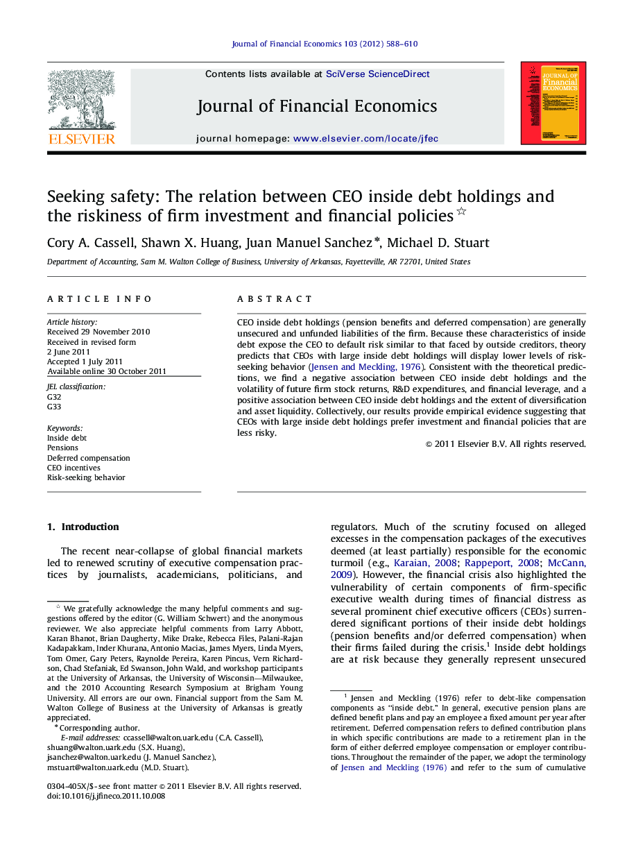 Seeking safety: The relation between CEO inside debt holdings and the riskiness of firm investment and financial policies