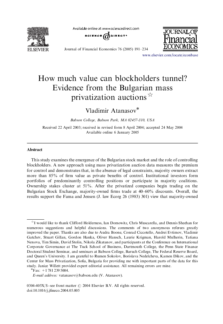How much value can blockholders tunnel? Evidence from the Bulgarian mass privatization auctions