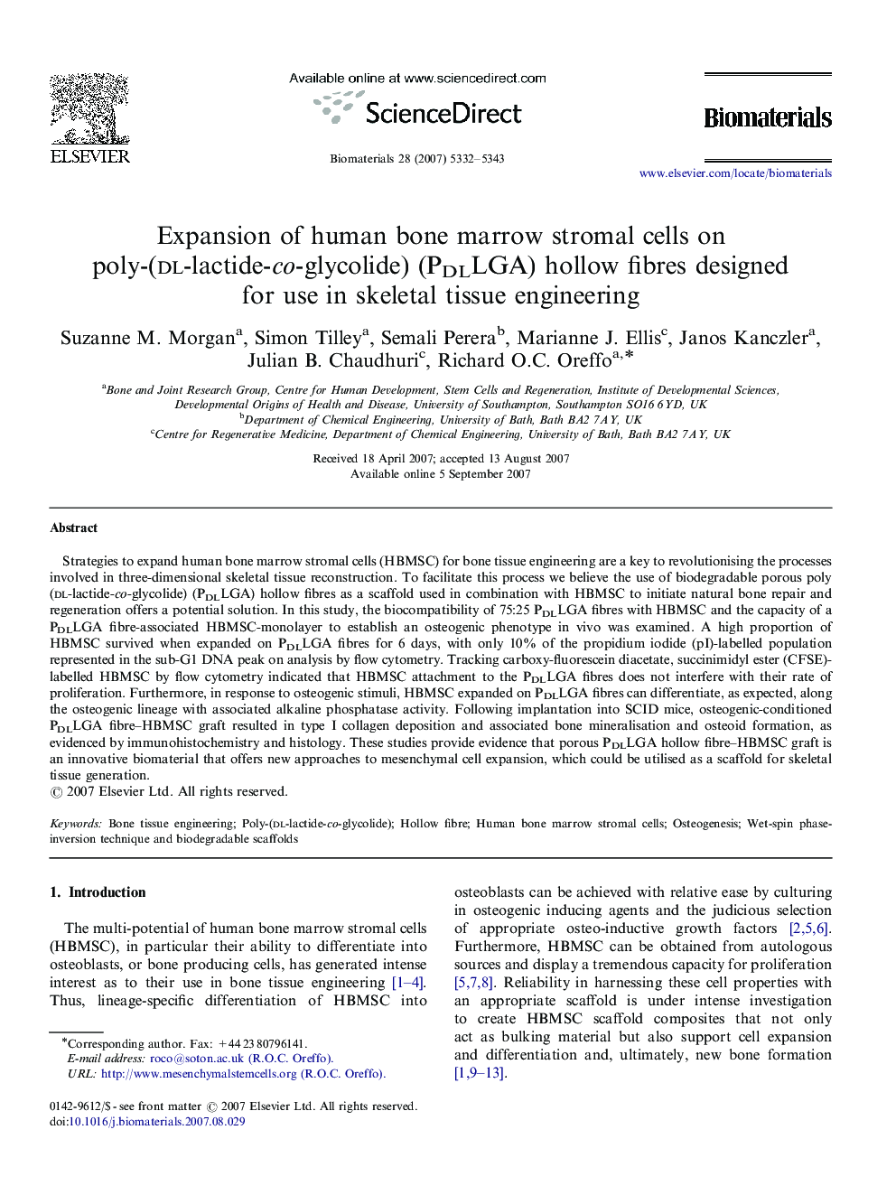 Expansion of human bone marrow stromal cells on poly-(dl-lactide-co-glycolide) (PDLLGA) hollow fibres designed for use in skeletal tissue engineering