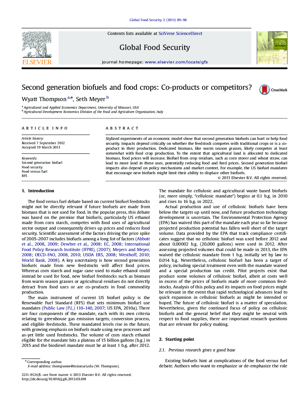 Second generation biofuels and food crops: Co-products or competitors?