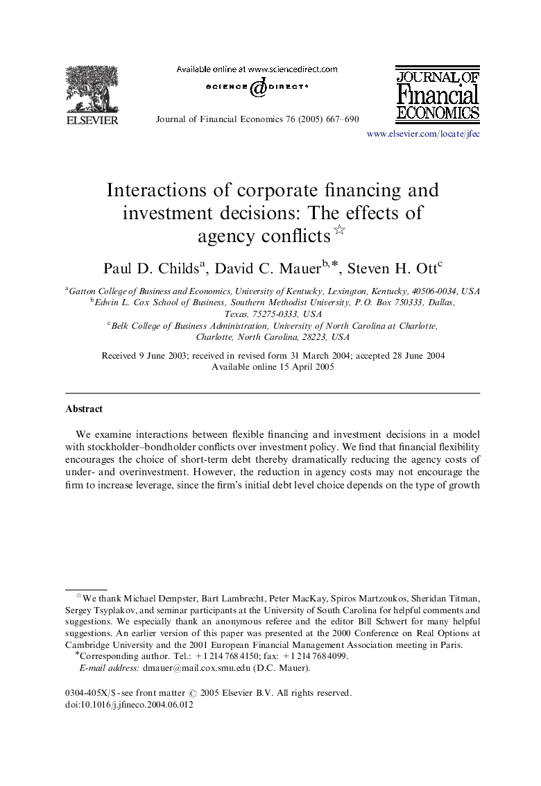 Interactions of corporate financing and investment decisions: The effects of agency conflicts