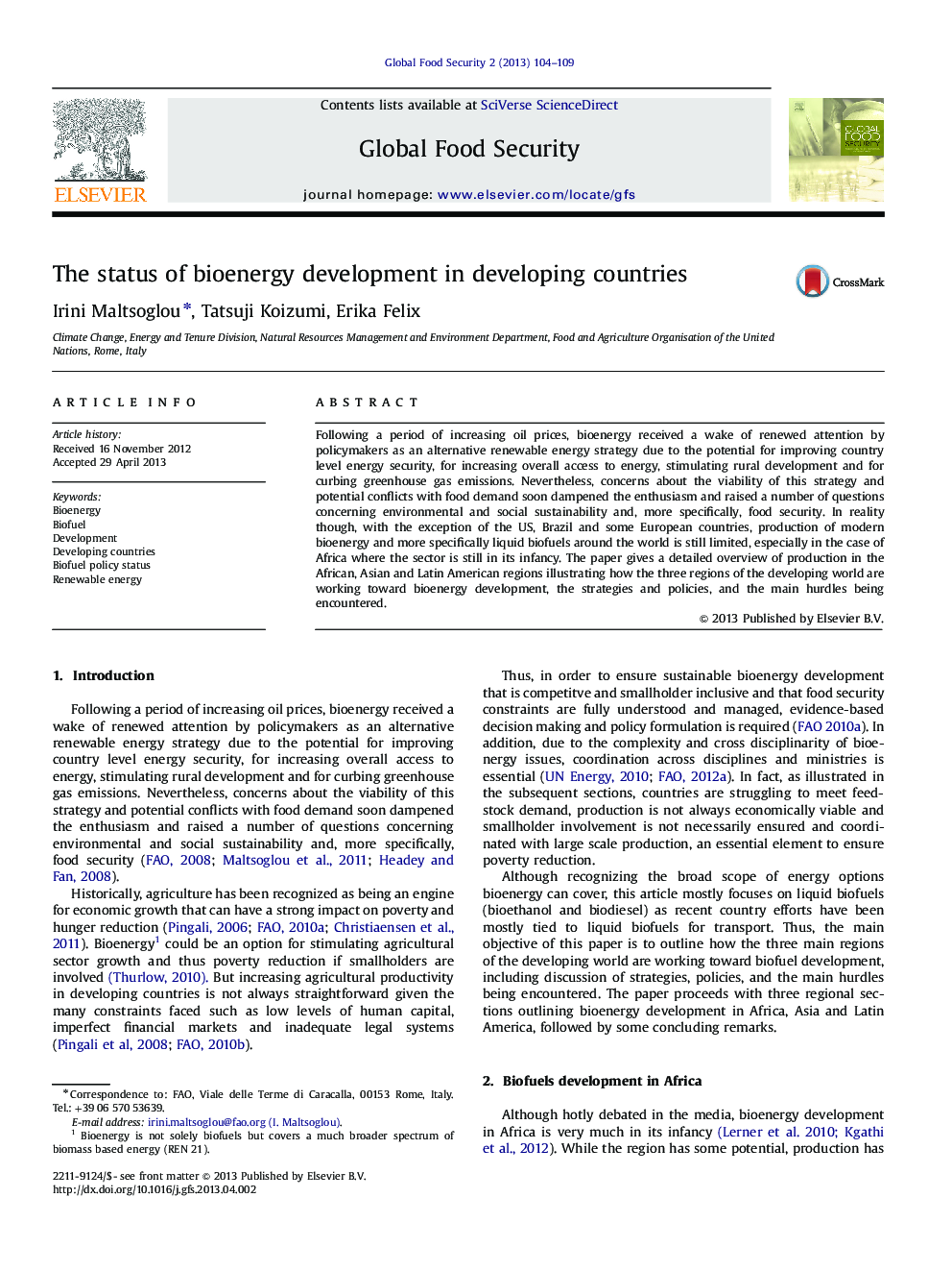 The status of bioenergy development in developing countries