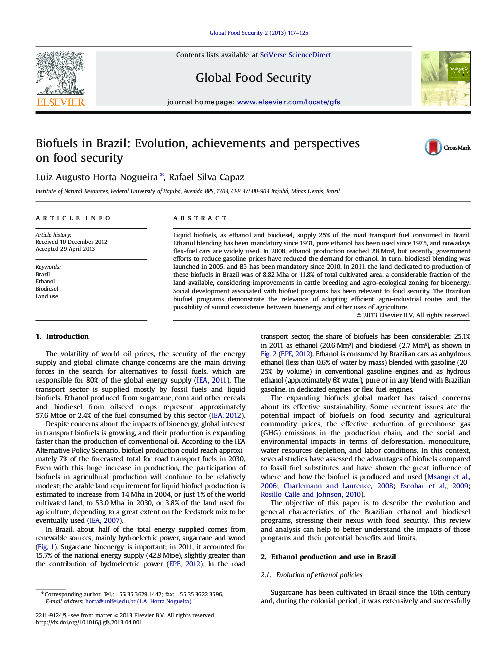 Biofuels in Brazil: Evolution, achievements and perspectives on food security