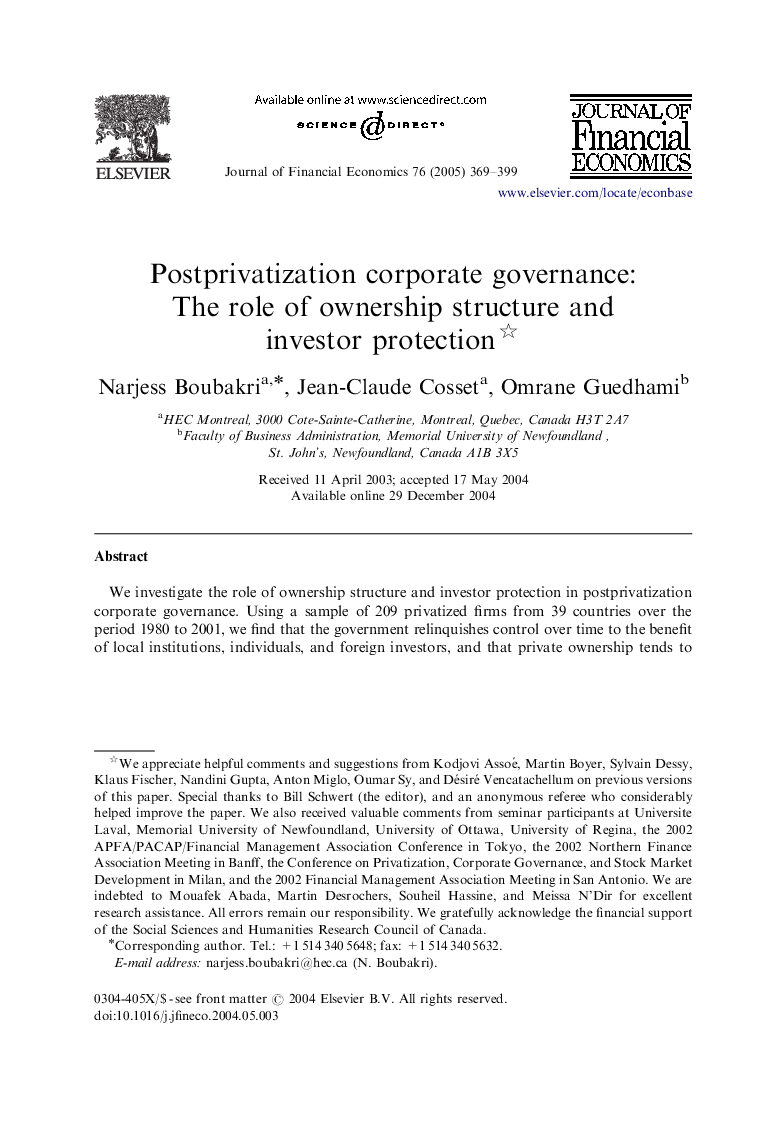 Postprivatization corporate governance: The role of ownership structure and investor protection