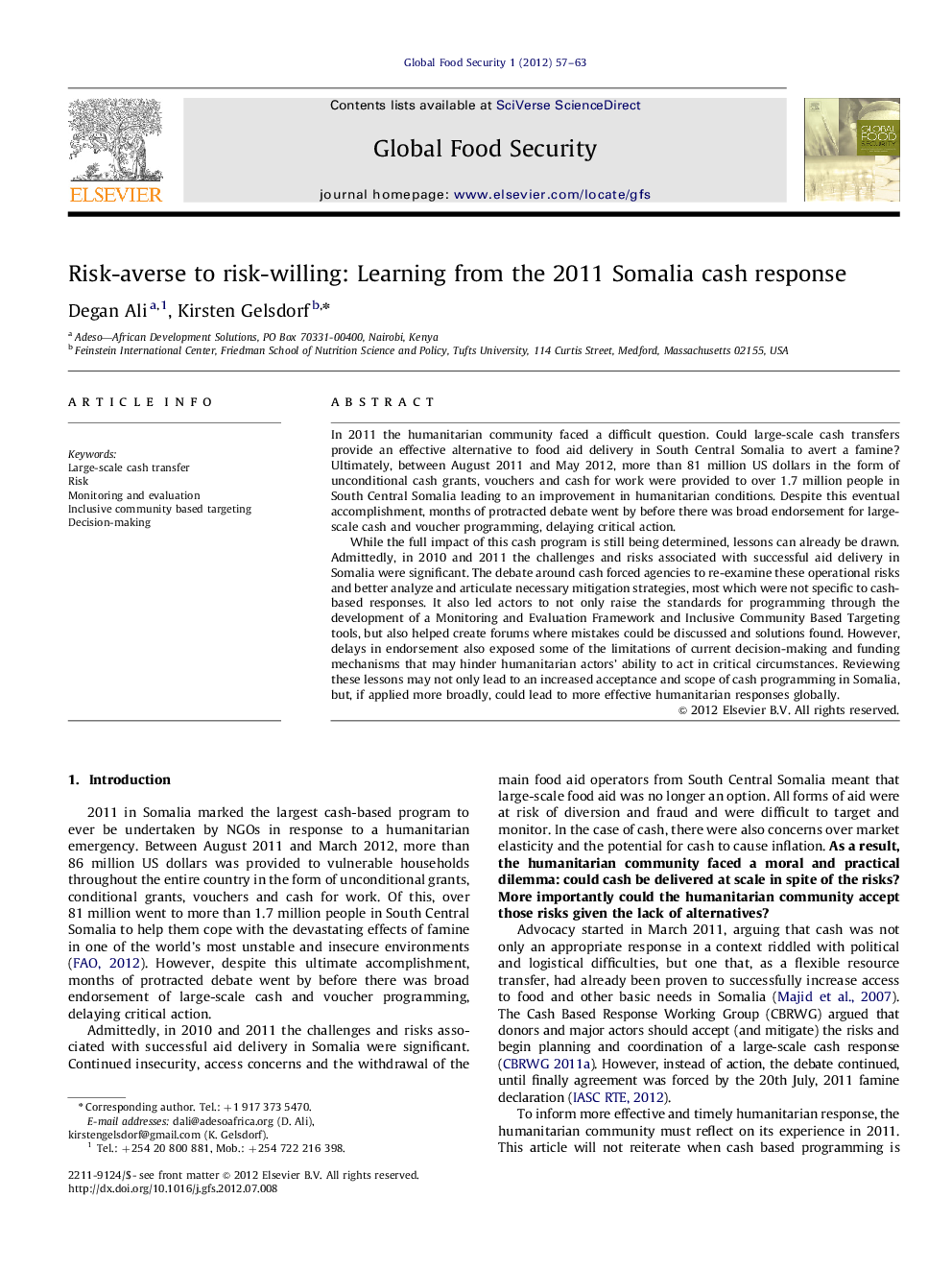 Risk-averse to risk-willing: Learning from the 2011 Somalia cash response